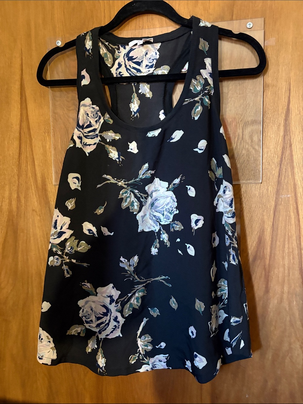 Joie Floral Sleeveless Racerback Black Tank Top with White Rose Print
